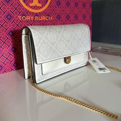 New Tory Burch T Monogram Chian Crossbody Purse Bag Gold Chain Strap Ivory 254