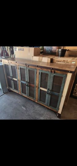 Rustic furniture Kitchen table with 5 chairs and 1 bench and cabinet