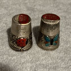 Portugal Silver Thimble Set Ladybug Butterfly Design 