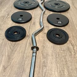 Standard Curl Bar With Pairs Of 25s, 10s And 5s. (Total: 94 lbs)