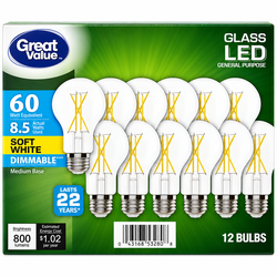 Great Value 60W Equivalent Soft White Dimmable LED Bulbs – 12 Pack
