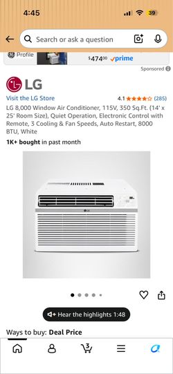 LG 8,000 Window Air Conditioner, 115V, 350 Sq.Ft. (14' x 25' Room Size), Quiet Operation, Electronic Control with Remote, 3 Cooling & Fan Speeds, Auto