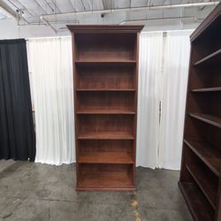 Brown Wood Five-Shelf Bookcase with Crown Molding