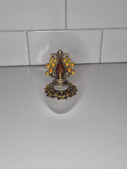 Perfume Bottle White Frosted Glass W/ Bronze Accents And Gold Gems
