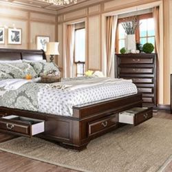 Brand New Brown Cherry 4pc Queen Bedroom Set (Available In California & Eastern King)