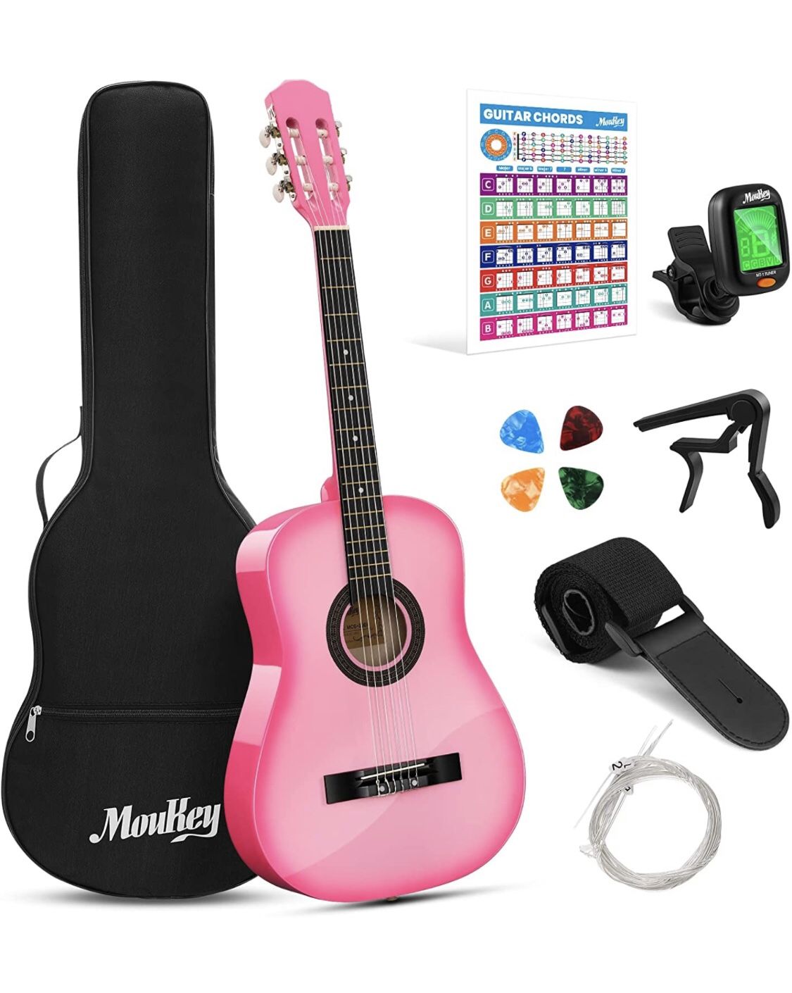 Brand New 38” Acoustic Guitar for Beginner.. Comes with Chord Poster, Guitar Bag, Tuner, Picks, Nylon Strings, Capo, Strap - Pink