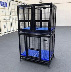 (Brand New) $310 Stacking Dog Crate 37”x25”x64” Heavy-Duty Cage Folding Kennel w/ Plastic Tray (Set of 2)