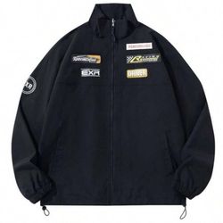 Men Loose Fit Casual Stand Collar Racing Element Print Colorblock Jacket With Multiple Pockets, Zippers, Elastic Band Woven Coat Outerwear