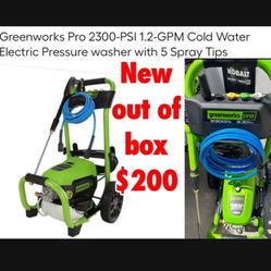 New out of box Greenworks Pro 2300-PSI 1.2-GPM Cold Water Electric Pressure washer with 5 Spray Tips $200 cash only East Palmdale 