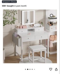 White Makeup Vanity Desk with Mirror and Lights, Vanity Set with Chair, Make Up Dresser Table with Drawers and Power Outlet for Girls Bedroom Small Sp