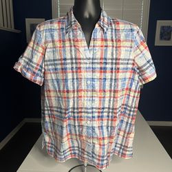 Alfred Dunner Women’s Plaid Floral Shirt Large Short Sleeve Button Front Blouse