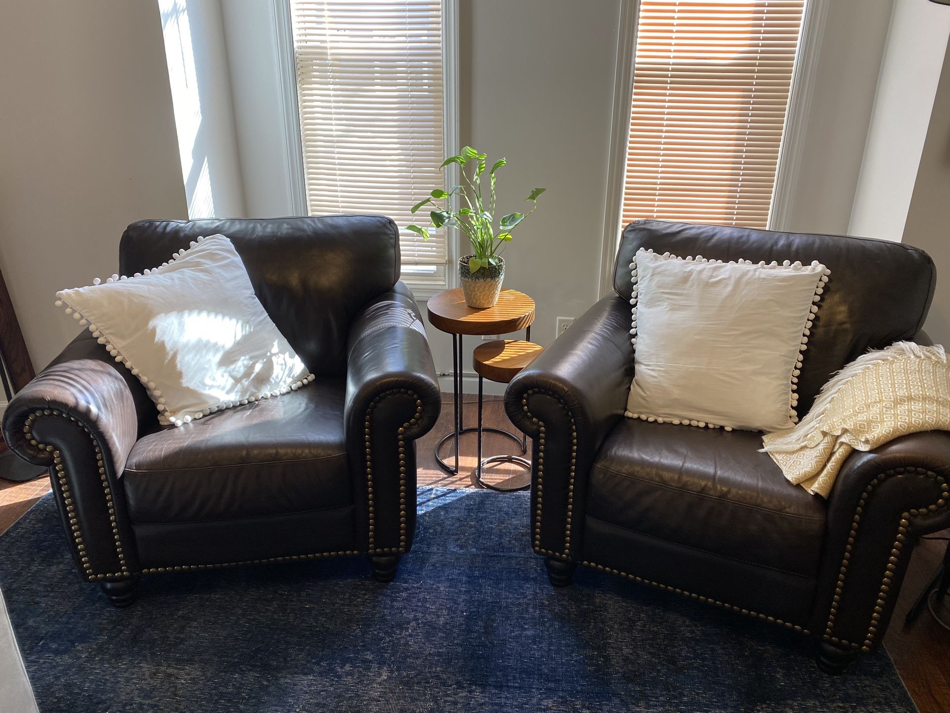 2 Overstuffed Brown Leather Armchairs 
