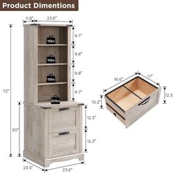 Bookcase with 2 File Drawers, 72" Tall Farmhouse Bookshelf with Storage and Adjustable Shelves, 4 Tier Rustic Wood Bookshelf with Cabinet for Home Off