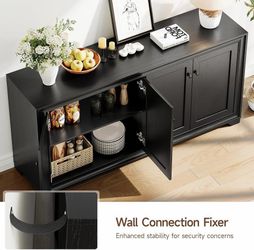 60" Buffet Cabinet with Storage, 4 Doors & Adjustable Shelves Black Credenza Sideboard Cabinets Wood with Adjustable Shelves, Modern Kitchen Coffee Ba