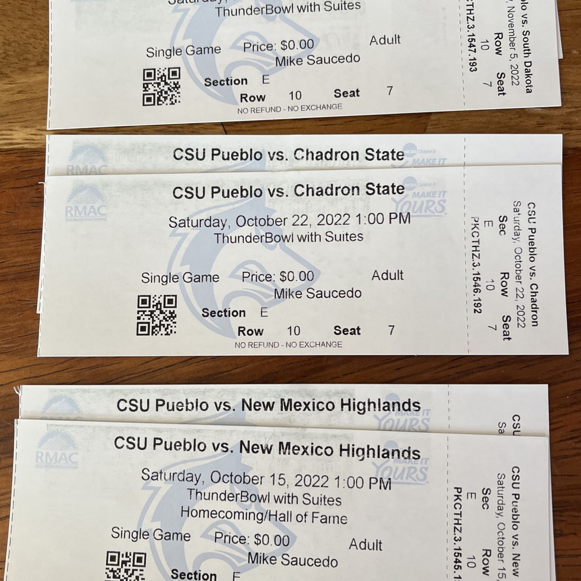 CSU Pueblo Foot Season Tickets - Great Seats. Section E, Row 10, Seats 7 & 8.