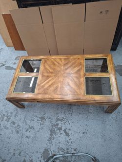 Wood and Glass Coffee Table with Brass Trim