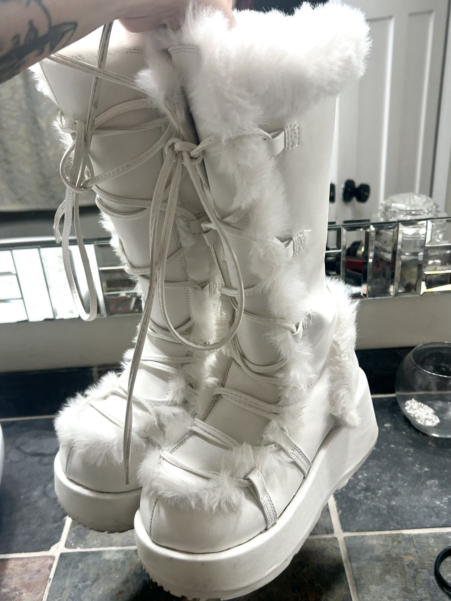 Demonia white fur boots Size 7