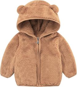 Baby Sherpa Fleece Hooded Jacket, Soft Plush Winter Coat with Bear Ears, Zip-Up for Toddlers
