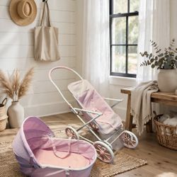 Adorable Vintage Doll Buggy Stroller with Bassinet / Travel Bed - Pink Gingham 