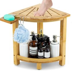 🪵 Brand New ETECHMART Bamboo Corner Shower Stool – Waterproof Bench with Storage Shelf