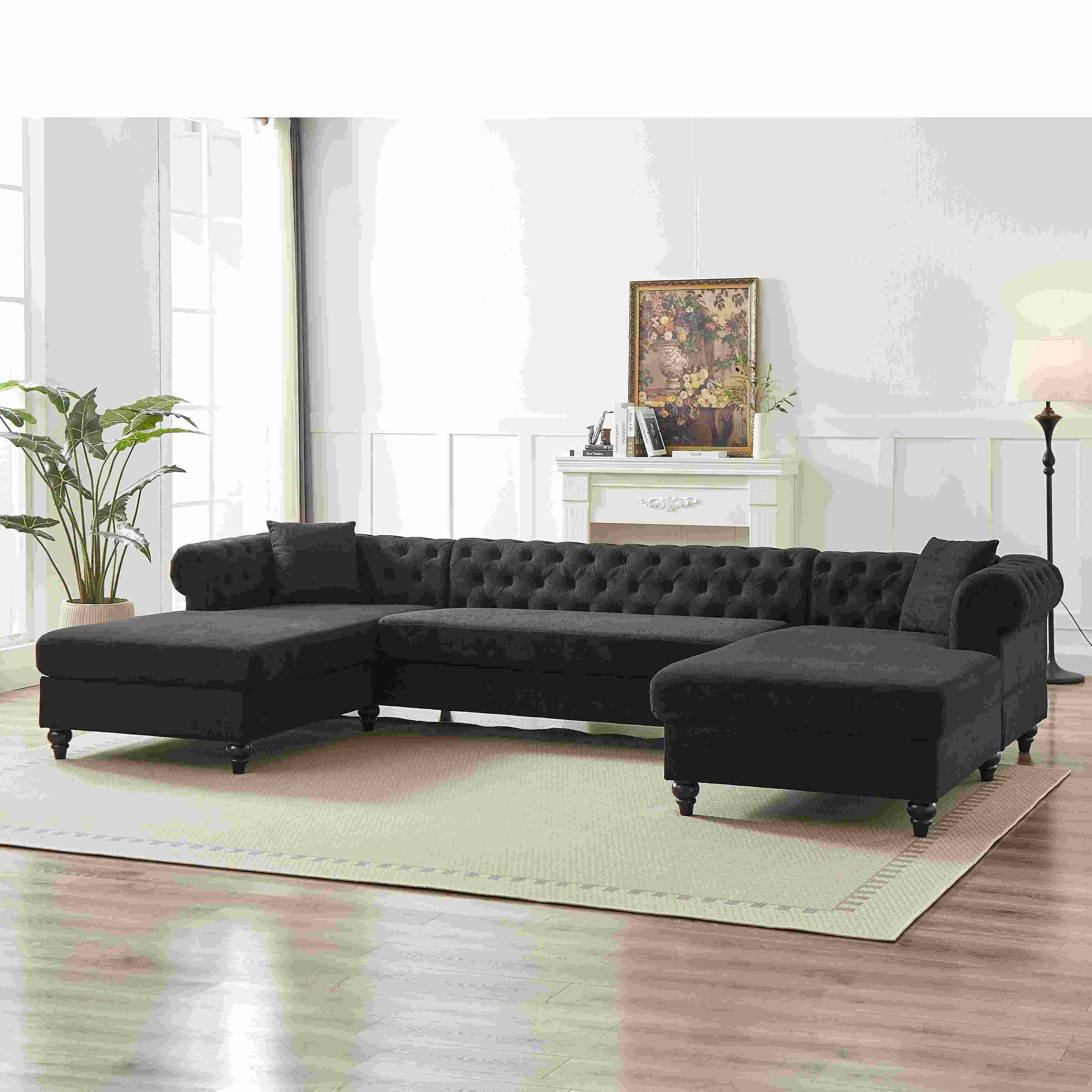 135.5-inch Modern Style Chenille Three Piece Sofa, Pull Point Design U-shaped Sofa two Chaise Longue Seats, two Pillows and Wooden feet, Suitable for