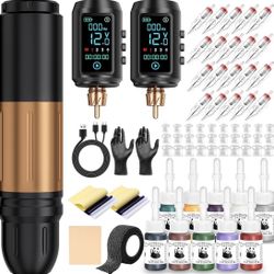 Wireless Tattoo Machine Pen Kit with 2Pcs 1600mAh Replaceable battery and 20 pcs Tattoo Cartridge Needles, 10 Ink Colors