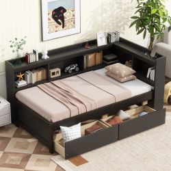 Astraea Twin Size L-shaped Bookcases Daybed with Drawers and USB Charging Ports