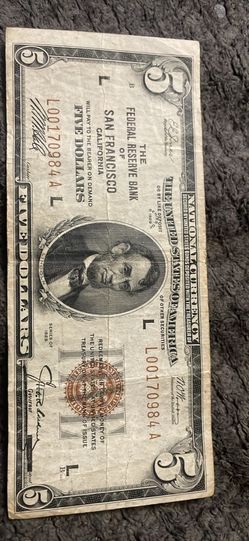 1929 San Francisco 5 Dollor Bill