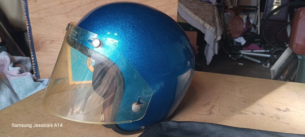 Vintage LSI 470 Blue Metal Flake Motorcycle/Snowmobile Helmet & B&S FS-30 SHIELD