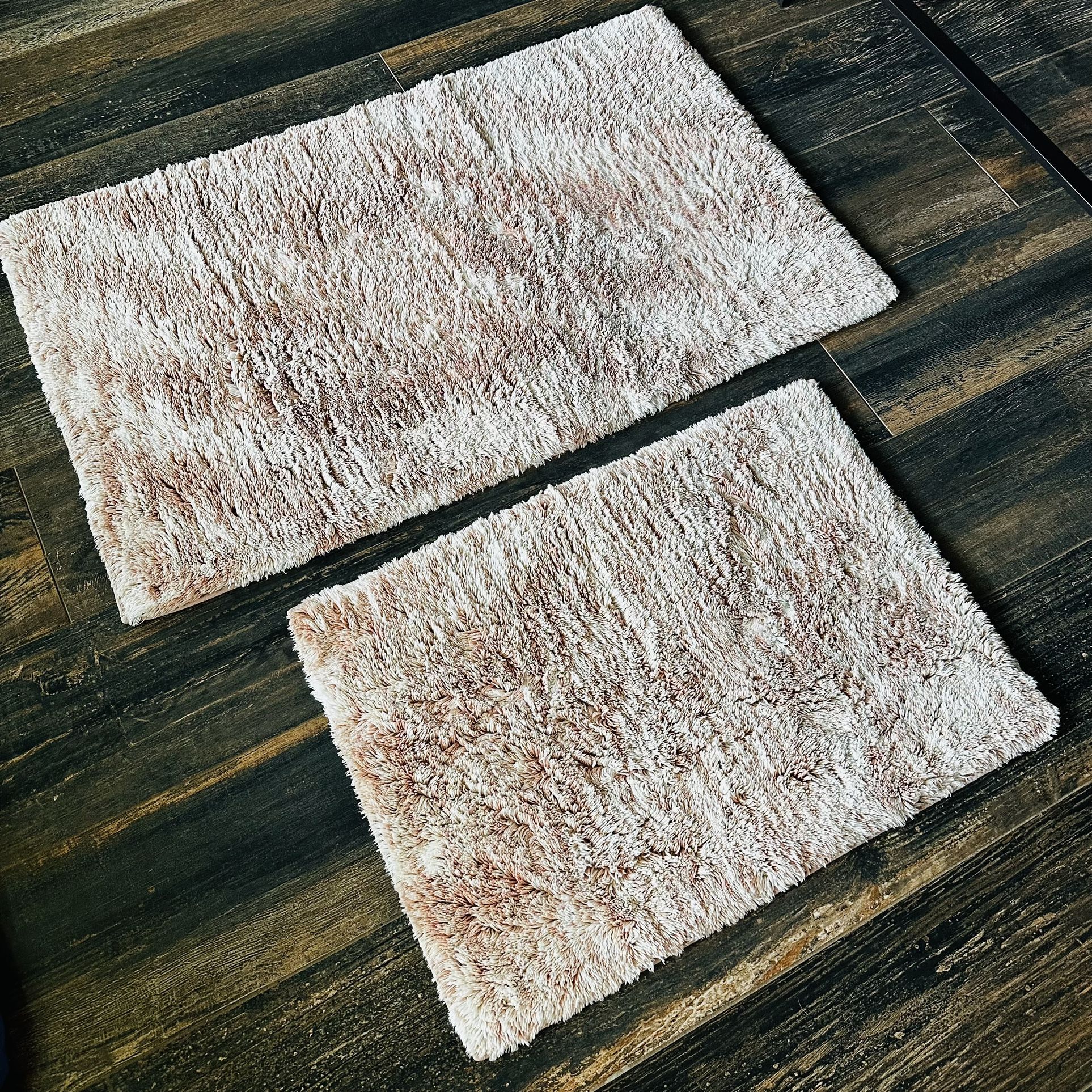 Set Of Two Pink And White Shaggy Bathroom Mats