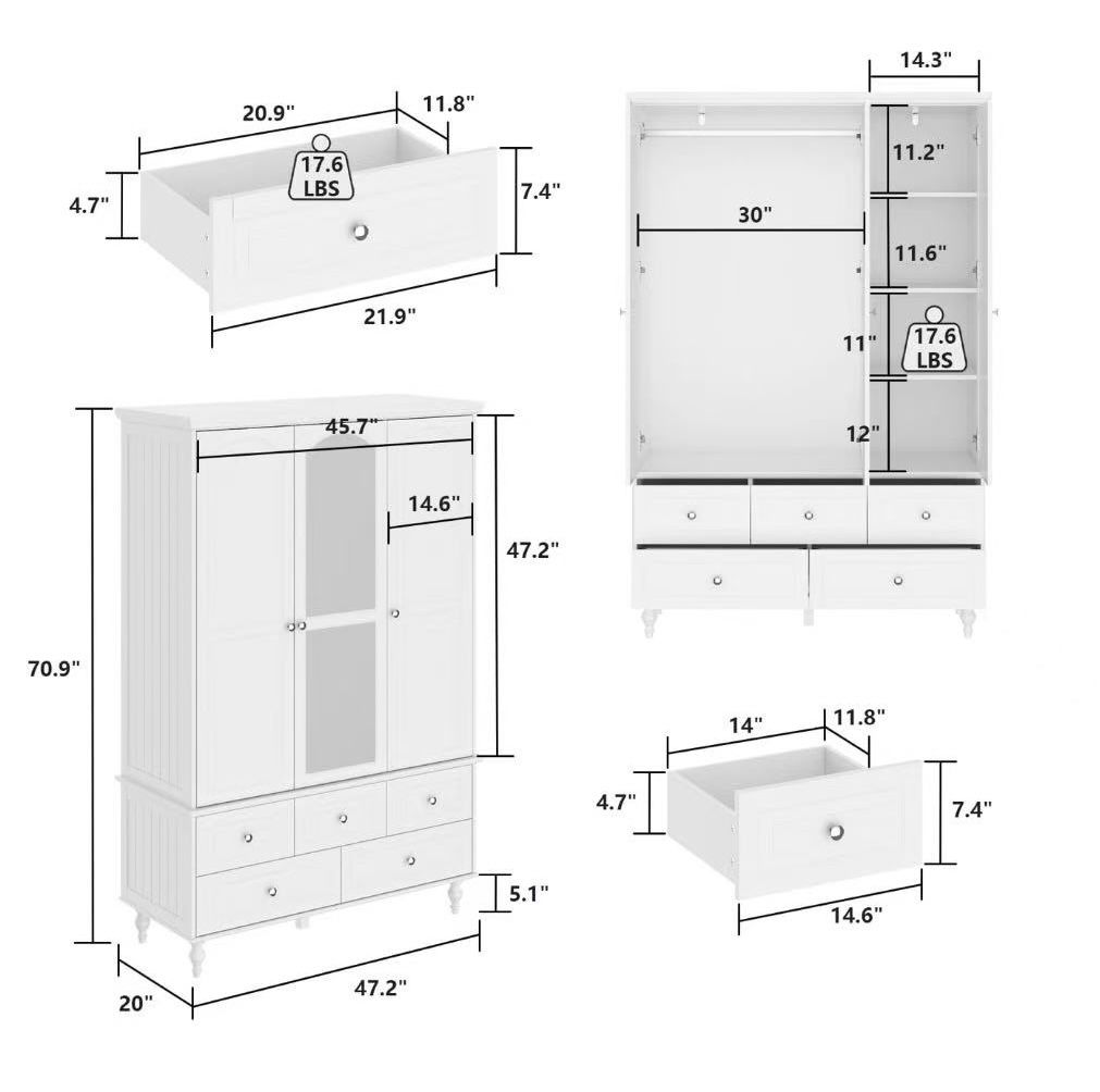 🥨3 Doors Bedroom Closet, Wood Armoire Clothes Hanging Rail, 4 Storage Shelves and 5 Drawers, 47" Wide Bedroom Storage Unit Wardrobe, Traditional Whit
