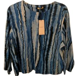 New Pashma Fine Top Womens 2XL XXL Long Sleeve Blue Black Lines Dipdye Barbra Katz