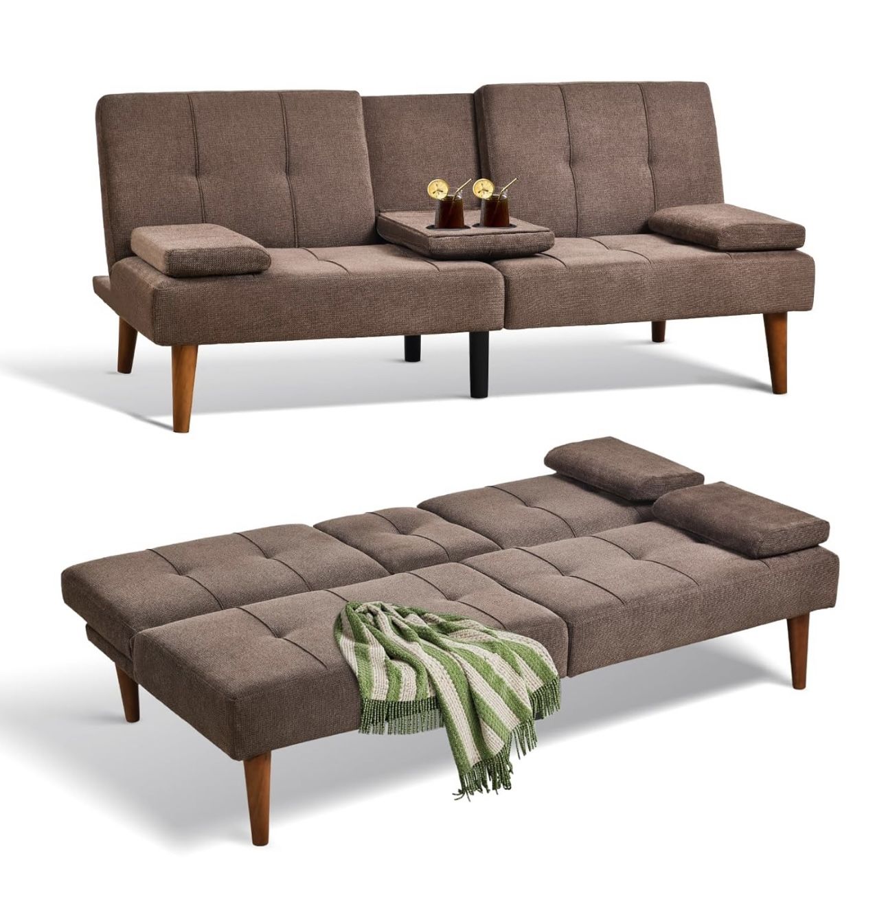 COLAMY Futon Sofa Bed-Fabric Small Couch, Lounge Convertible with 2 Cup Holders, Removable Soft Armrest, Adjustable Backrest for Dorm/Bedroom/College