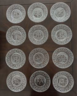 Set of 12 Vintage Glass Plates Months of the Year Sandwich Pattern 7.75” Franklin Mint