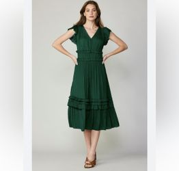 Anthropologie current air emerald green short sleeve accordion midi dress L 
