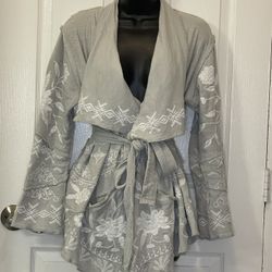 Caite brand jacket with vintage inspired embroidery.