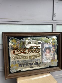 Vintage Large Coca Cola Mirror Sign Delicious Relieves Fatigue LARGE 41X29 In