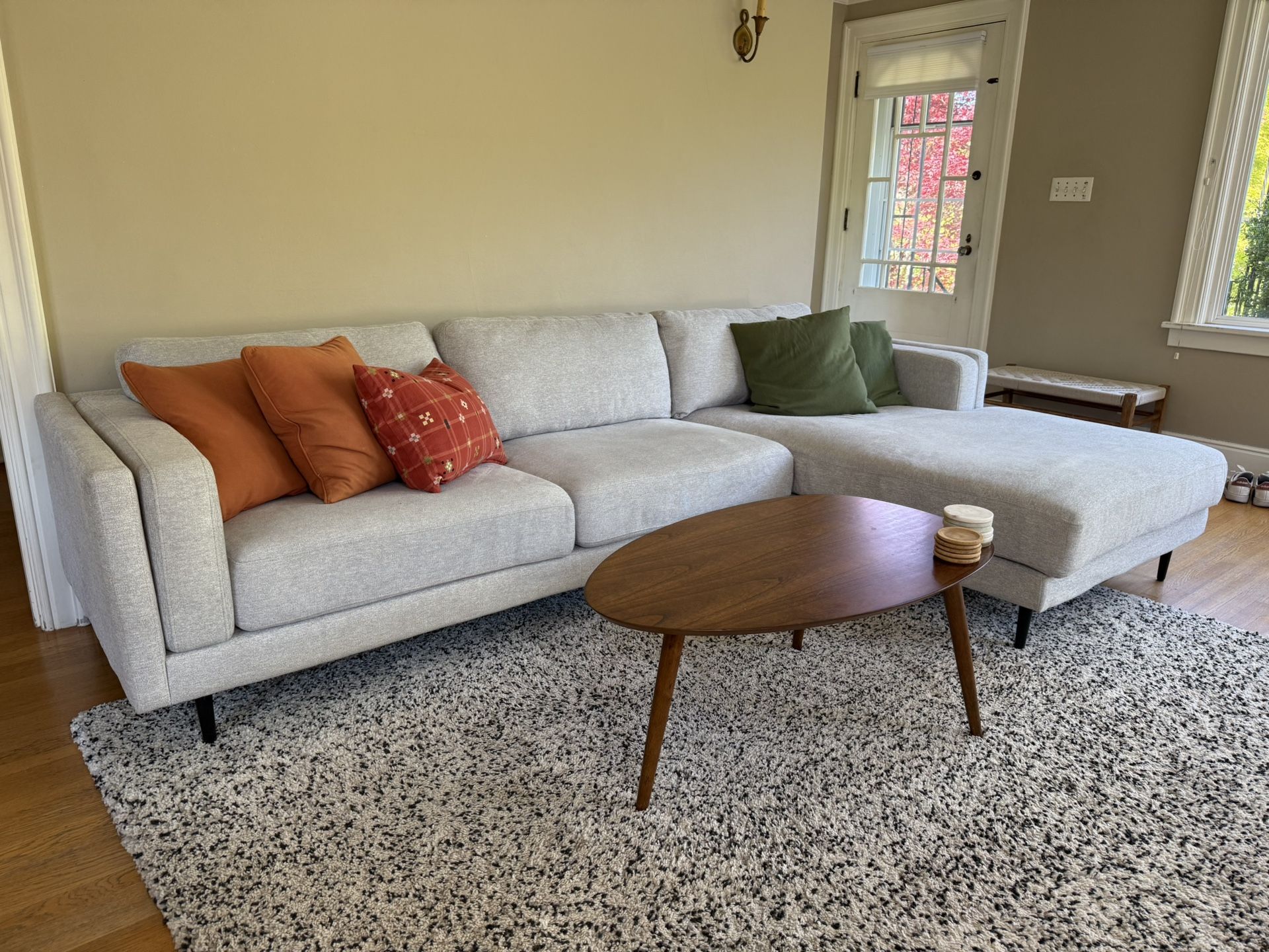 PENDING- Light Grey Living Spaces Mid-century Modern MCM style Sofa With Right Arm Chaise