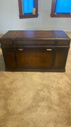 Pottery barn, chest with leather strapping quality blanket, chest or toy chest