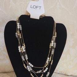 New On Tag Loft Multi-strand Beaded Necklace Featuring Gold-Tone Chains With White And Clear Accent Beads.