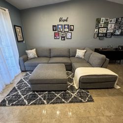 Grey L-Shaped Sectional Couch with Ottoman