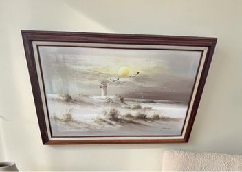 Large Vintage Lighthouse Beach Coastal Oil Painting with Wooden Frame 30x42in