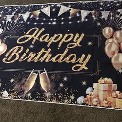 7ft X 5ft Gold And Black Birthday Banner/photo Shoot Background 