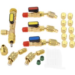 HZ-MONSTAR R410A R22 Valve Core Remover Installer Tool Kit with Dual Size 1/4" 5/16" Port, R134A Angled Shut-Off Ball Valve Adapter 1/4" SAE, R410A Ad