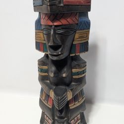 13.5 Inch Hand Carved Wooden Aztec Warrior Figurine Colorful Tribal Decor

