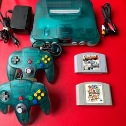 Funtastic Ice Blue Nintendo 64 (N64) Console (Region Free) Bundle Lot w/ 2 Games
