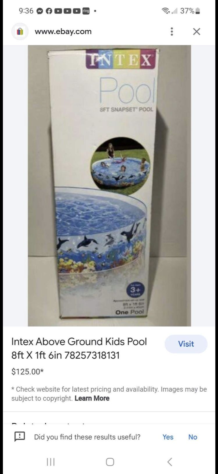 New Intex Above Ground Kids Pool 8ft X 1ft 6in