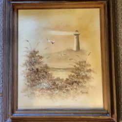 Beautiful Original Vintage Lighthouse Scenic Oil Painting Signed & Framed 26x31”
