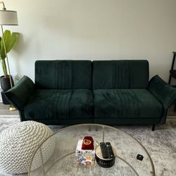 Green Velvet Couch & Futon - In Very Good Condition 