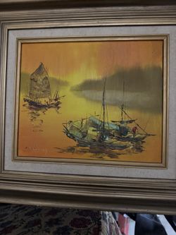 Framed Oil Painting — Boats at Sunset, Ornate Carved Frame, Signed